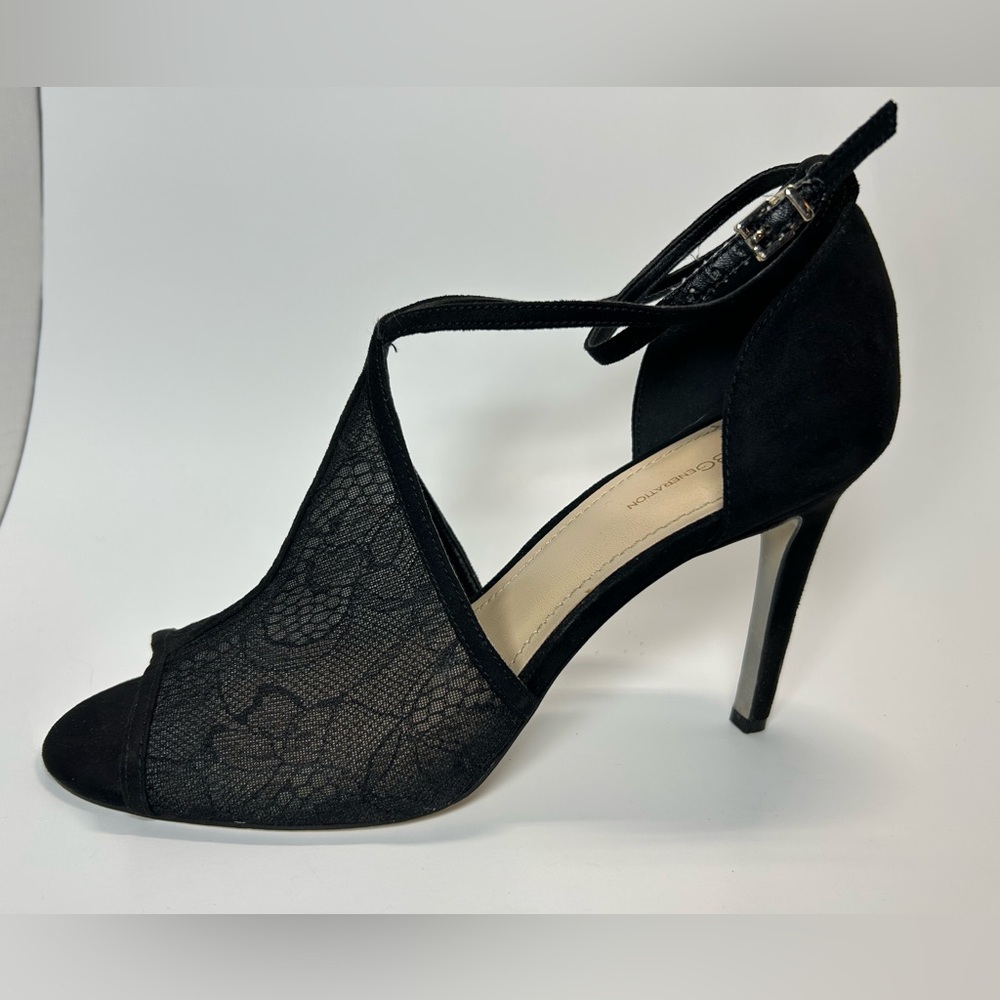 BCBGeneration Black Stiletto Sandals Lacey Ankle Strap Sz 9.5M GUC